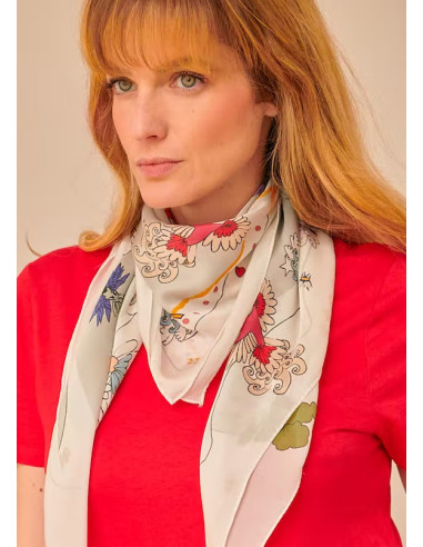 Foulard blanc imprimé en 100% soie